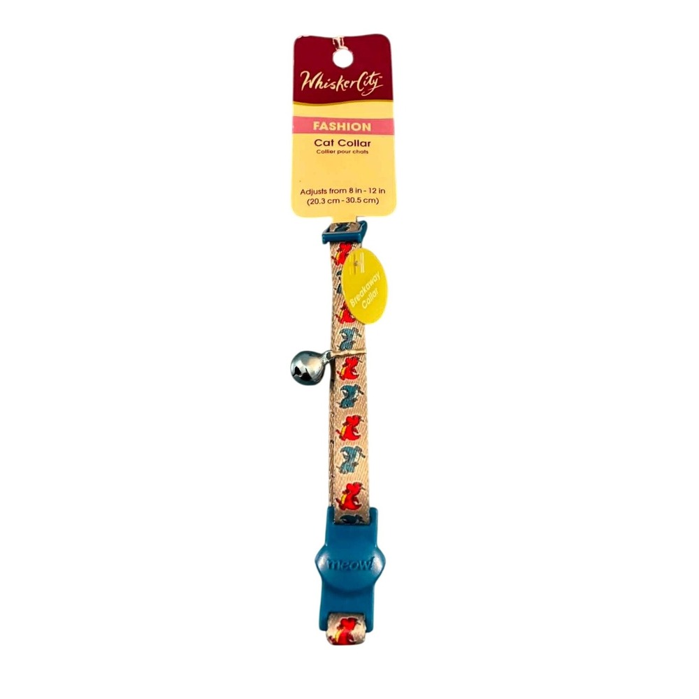 Whisker City Cat Collar Kitten 8-12in Tan Red Blue Mouse Print Breakaway Bell